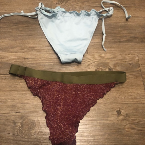 H & M Two Pieces Bikini Set Blue String & Maroon Glitter Striped Badeau Size 2 - Picture 2 of 10